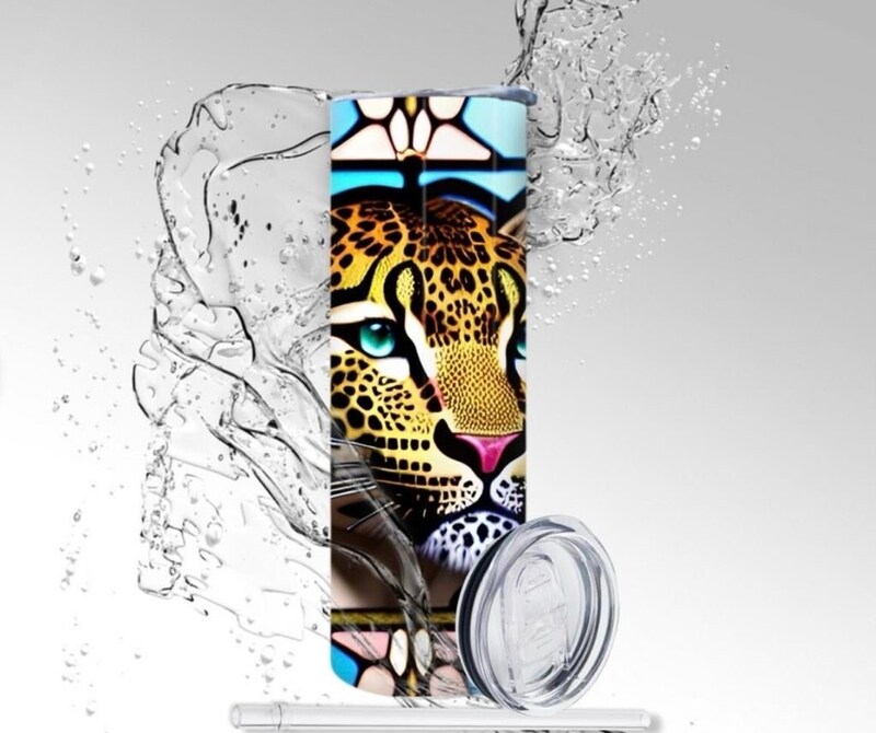 Tumbler: Stained Glass Leopard, Sublimated 20 oz Skinny Tumbler